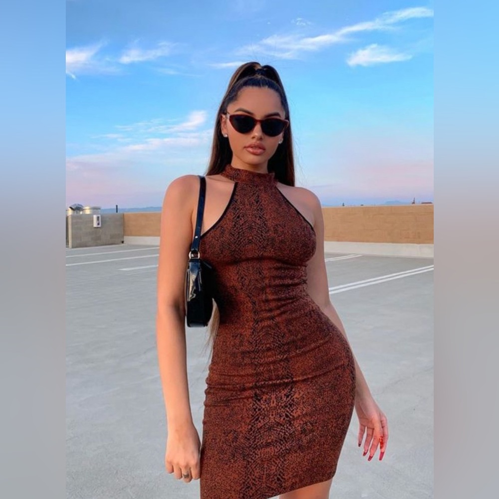 Fashion Nova NWT Brown and Black Animal Print High Neck Dress Size Small